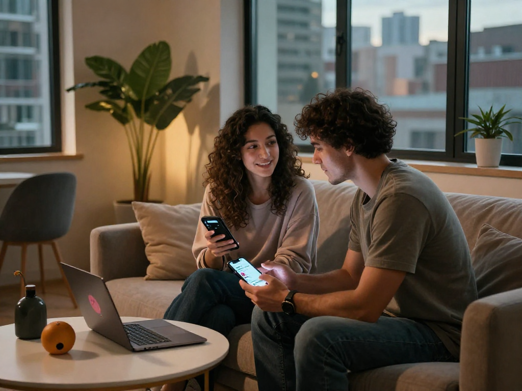 Engaged couple using sex AI chat technology in a cozy urban lounge.