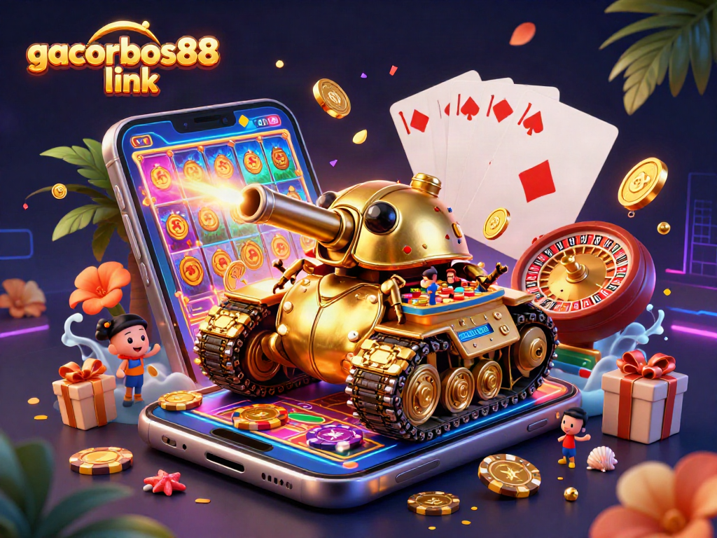 Experience the thrill of gacorbos88 link with vibrant slot games and casino action depicted in 3D.