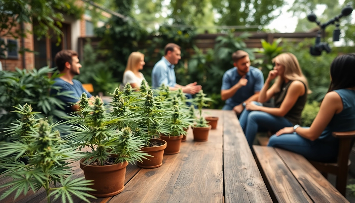 Blütenbande members enjoying organic cannabis in charming outdoor lounge.