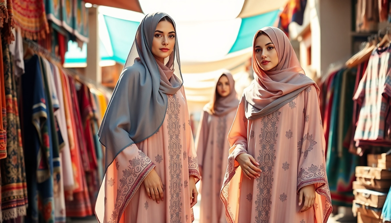 Stunning display of Modest clothing manufacturer abayas worn by models in a vibrant market setting.