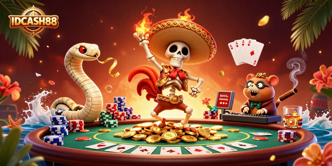 Experience thrilling gameplay with IDCASH88's animated characters celebrating casino victories amidst poker excitement.