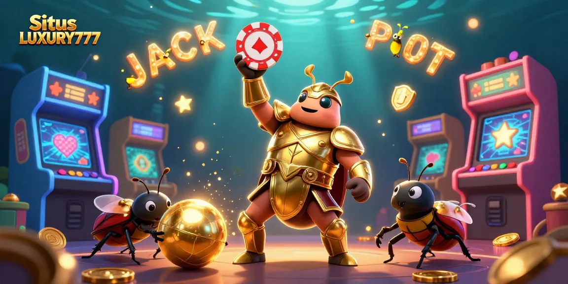 Situs LUXURY777 menawarkan kasino penuh warna dengan belalang dan barang bertema game, menyoroti jackpot.