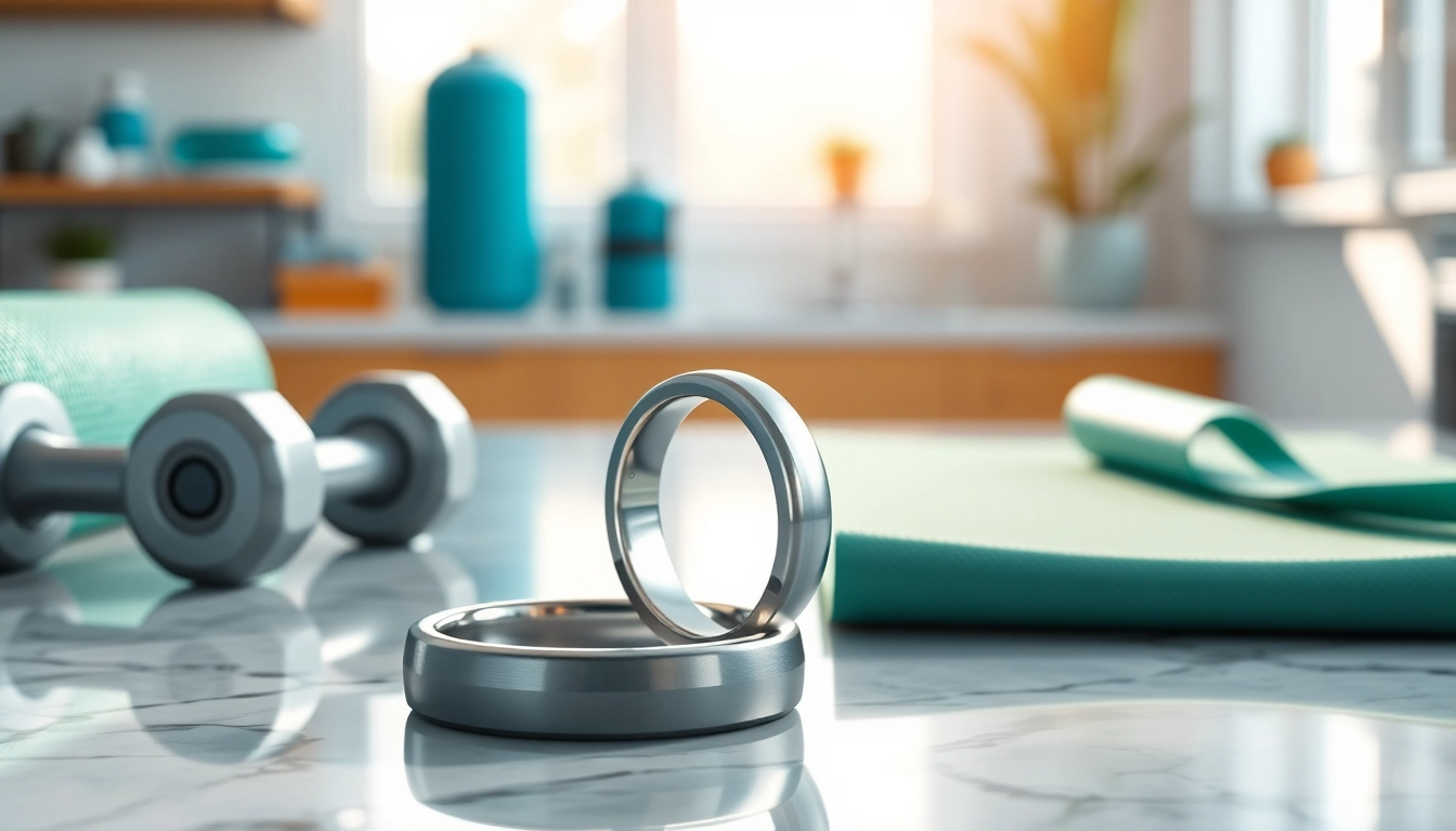 Showcasing the Smart Health Ring on a marble surface amidst fitness equipment, emphasizing health.