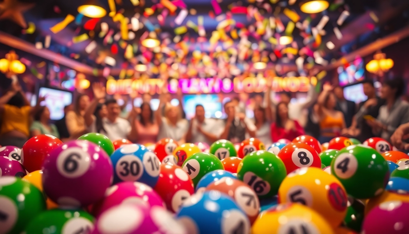 Menangkan hadiah bandar togel dengan bola lotere berwarna-warni dan suasana meriah.