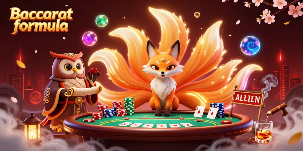Experience the Baccarat formula with an illustrated scene featuring a magical fox spirit and wise owl at a bustling casino.