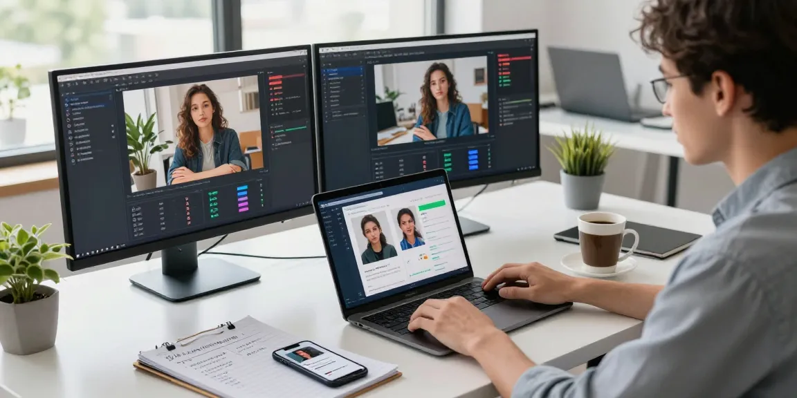 Using a free AI image detector on a laptop to analyze images for authenticity and accuracy in a modern workspace.