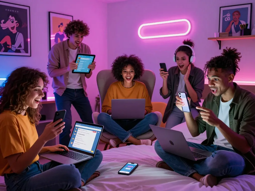 Engaging scene of users enjoying nsfw ai chat on devices, vibrant lighting, and playful decor.
