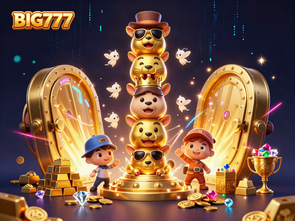 Spin reels and win big at BIG777 with vibrant casino-themed 3D illustration showcasing gaming treasures.