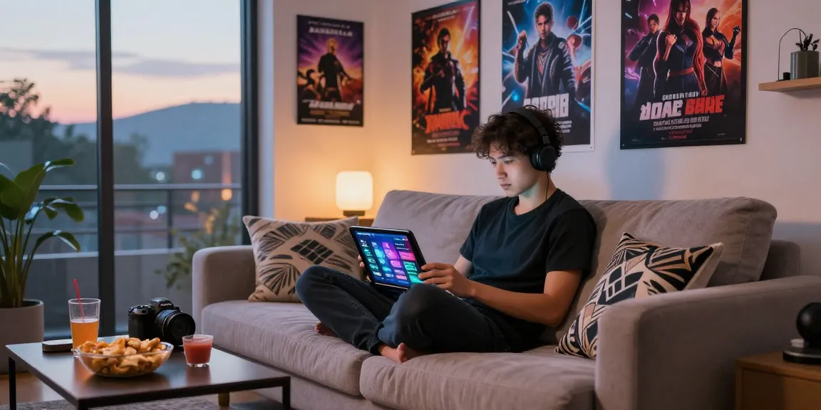 Gamer enjoying free porn games on a tablet in a cozy living room with ambient lighting and engaging decor.