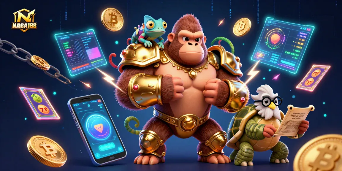 NAGA188 mempersembahkan ilustrasi kasino dengan raja gorila dan elemen slot yang menggiurkan.