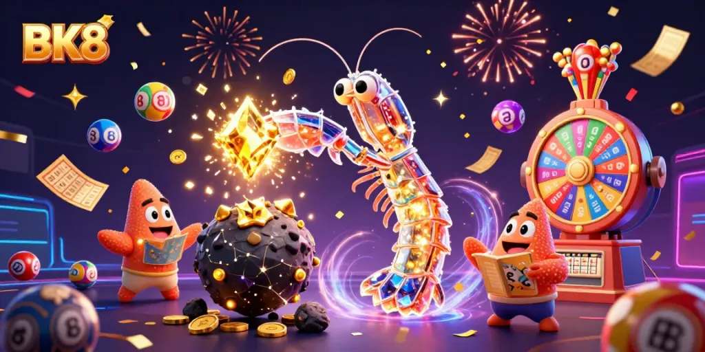 Experience BK8's vibrant gaming world with dazzling gold coins and colorful lottery balls.