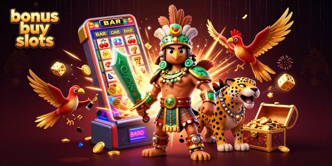 Experience thrilling bonus buy slots with Aztec warriors and rich casino elements in a vibrant 3D scene