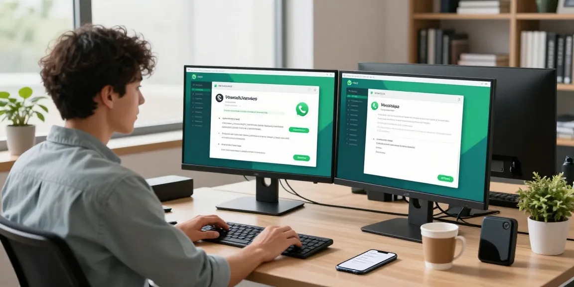 Professional workspace featuring WhatsApp電腦版 in use, showcasing a sleek setup with dual monitors and a focused user.