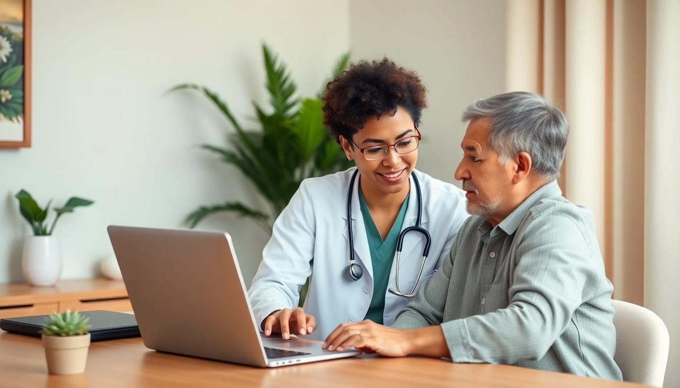 Engaging online urgent care doctor visit with a professional assisting a patient through a laptop.