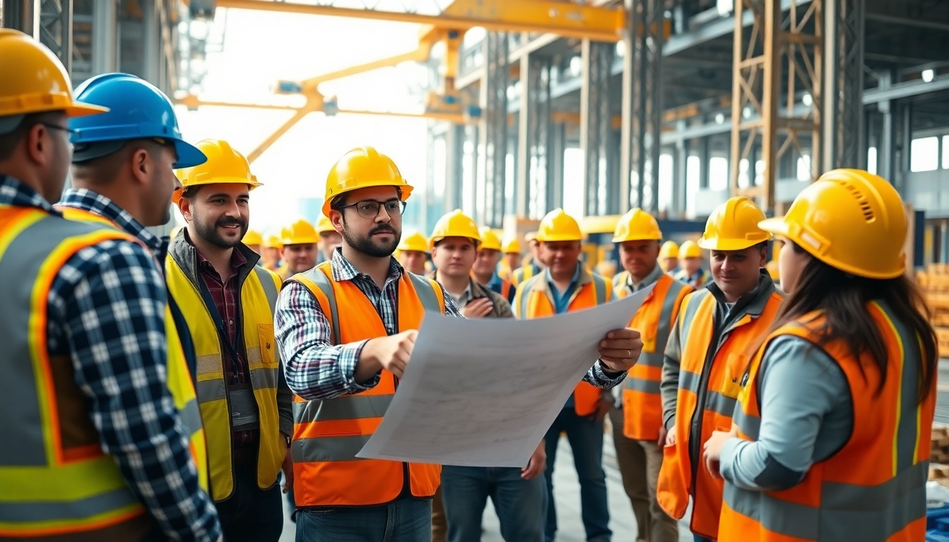 New Jersey Construction Manager leading a dynamic construction site team with blueprints.