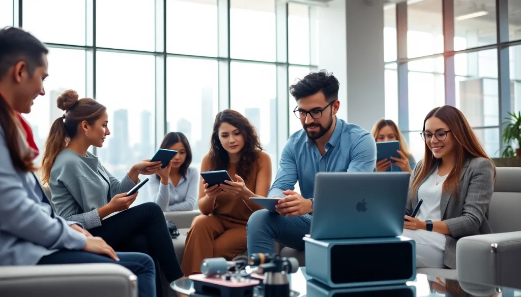 Engaging technology team discussing innovations in a bright modern office.