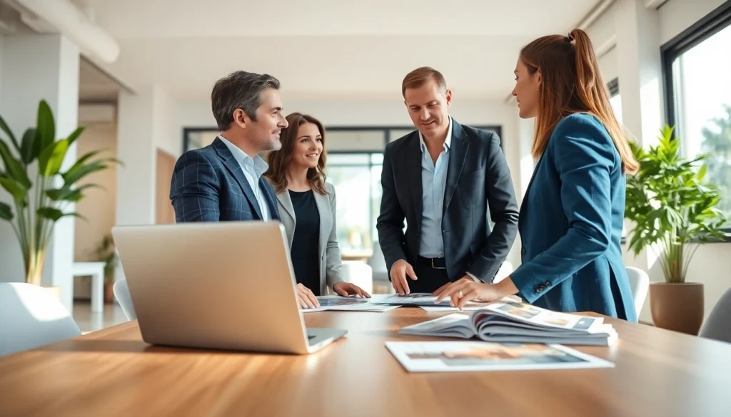 Engaging real estate agent advising clients in modern office highlighting efficient service.