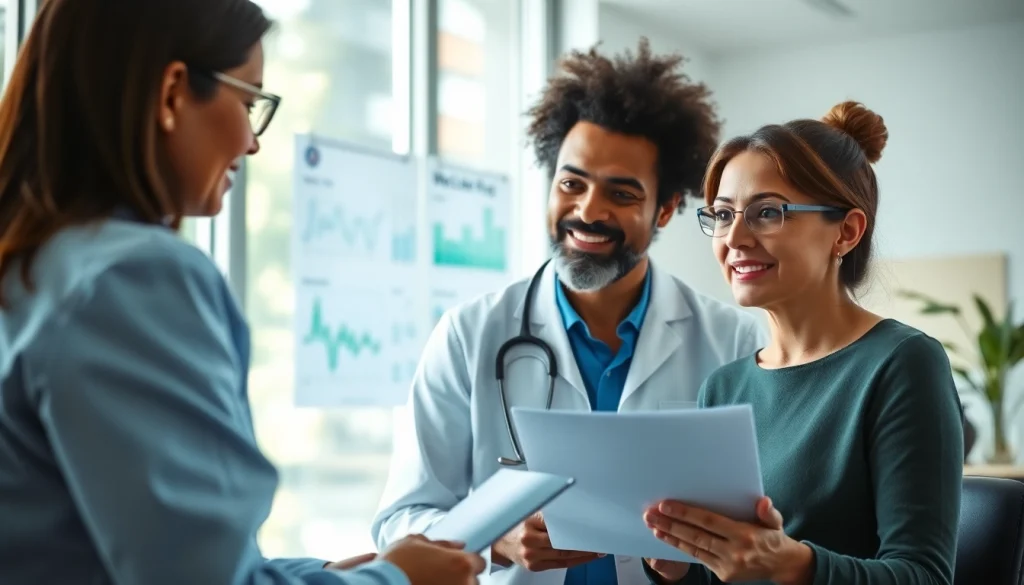 Discussing health strategies in a professional office setting, focusing on patient-doctor engagement.