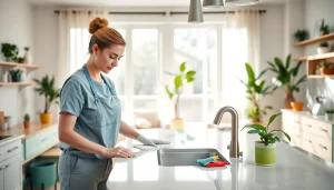 Showcasing a dedicated cleaning service team enhancing home cleanliness in a bright environment.