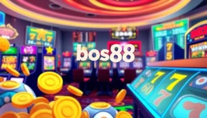 Menampilkan pengalaman bermain bos88 dengan simbol kemenangan yang menggiurkan dan suasana kasino yang cerah.