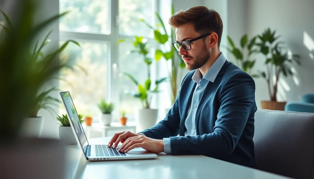 Analyzing digital marketing data with 79king hn on a laptop in an airy office.