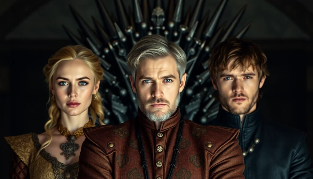 Portrait of the Game of Thrones cast featuring major characters in dramatic arena.