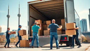 Toronto moving company efficiently loading furniture into a truck in a vibrant urban environment.