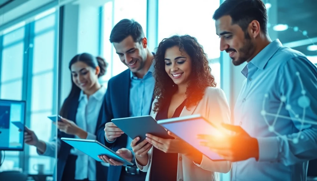 Engage with technology at https://mohamedmmblog.tech as individuals explore AI innovations in a modern workspace.