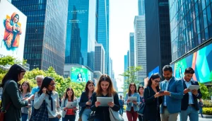 Engaging people utilizing Technology in a modern urban environment showcasing innovation and digital interaction.