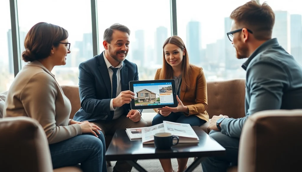 Engage with a real estate agent showcasing properties in a professional office setting.