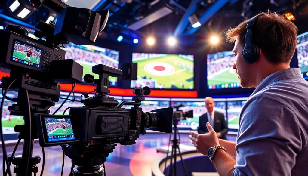 스포츠중계 전문 스튜디오에서 활기찬 방송 진행 중인 모습