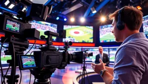 스포츠중계 전문 스튜디오에서 활기찬 방송 진행 중인 모습