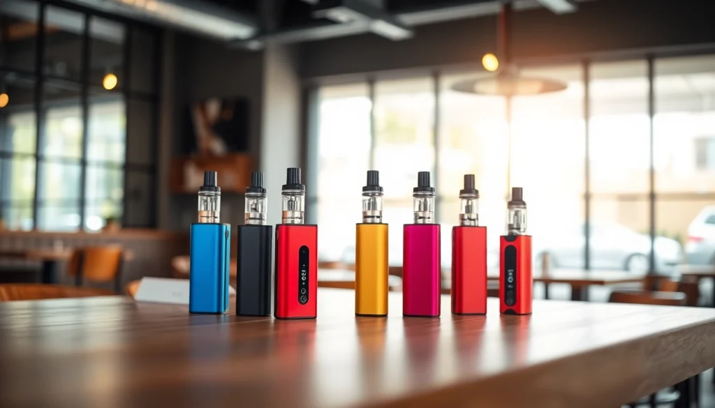 Elf Bar Elfa Geräte auf einem Tisch in einem gemütlichen Café arrangiert.