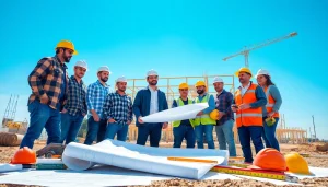 New Jersey General Contractor team collaborating on a construction site with blueprints and tools.