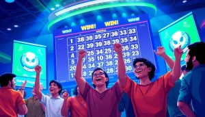 Menggambarkan suasana bandar togel yang penuh semangat dengan pemain yang merayakan kemenangan.