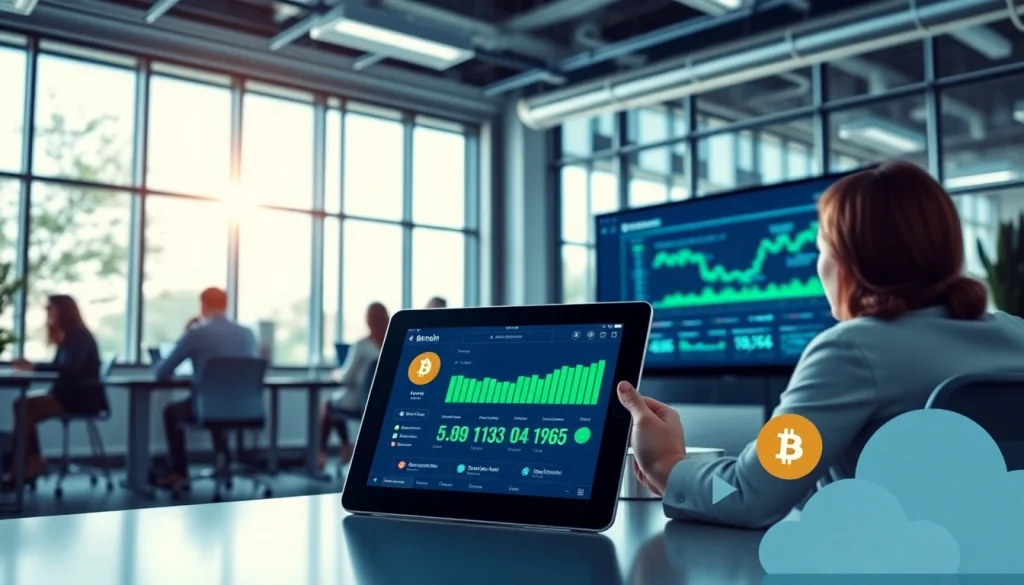 Dynamic bitcoin cloud mining workspace with diverse tech professionals analyzing data.