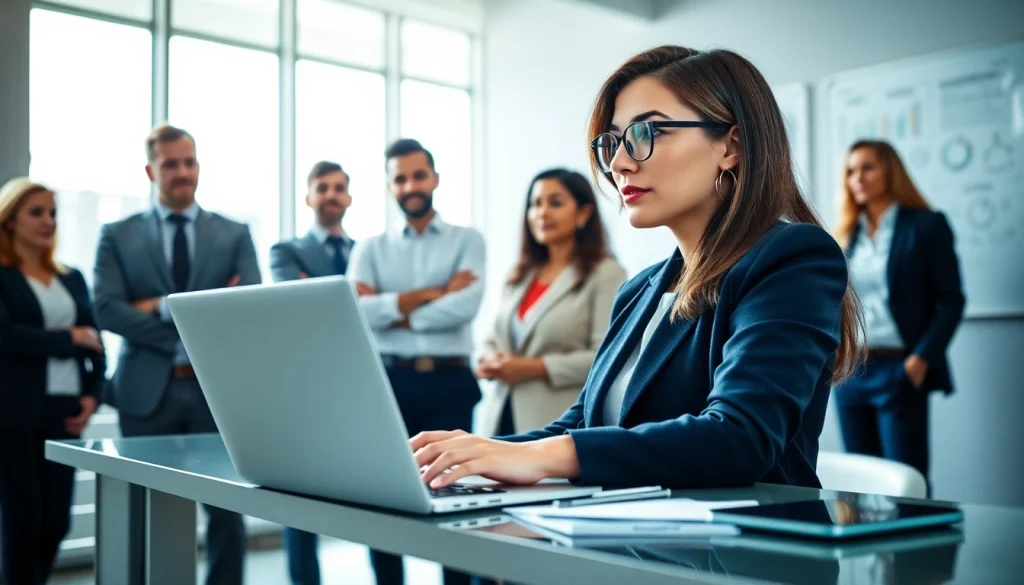 Engaged team of Quickplus Business Consultants collaborating in a modern office environment.