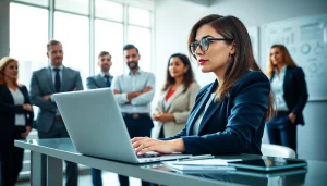 Engaged team of Quickplus Business Consultants collaborating in a modern office environment.