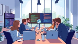 Engaging teams in wordpress development outsourcing collaborate effectively in a bright, modern workspace.