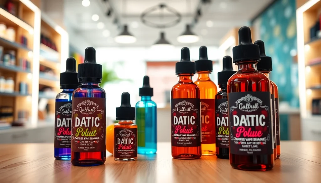 Liquid in stylish bottles displayed in a vibrant vape shop.