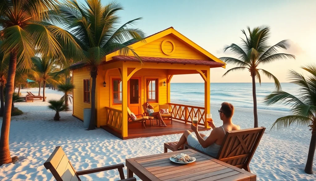 Relaxing couple enjoying the ocean view from a coastal cabana deck.