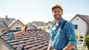 Examine high-quality roofing solutions with a professional contractor inspecting a roof in a sunny neighborhood.