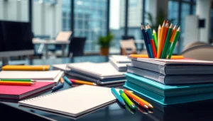 Showcasing a variety of colorful stationery supplies uk on an organized office desk