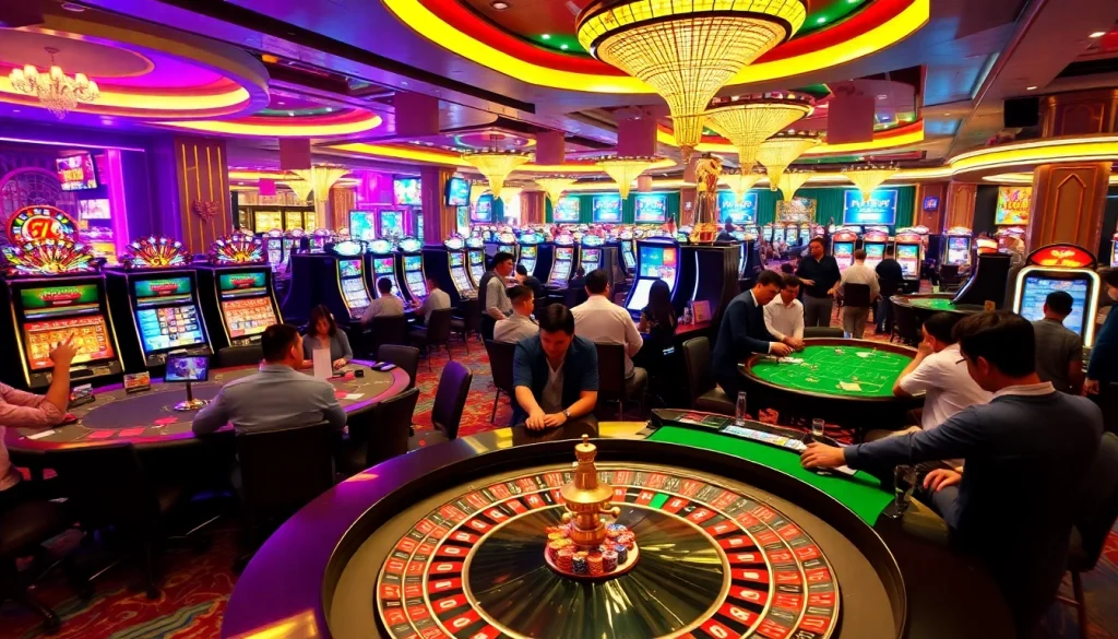 KJC AC 2 Casino gaming scene with joyful players at roulette and slot machines.