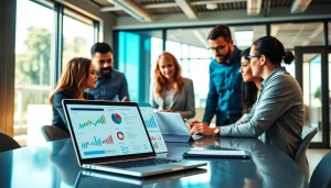 Engaged team at a seo agency analyzing data and collaborating on digital marketing strategies.