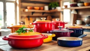 Find where to buy Le Creuset in NZ with a colorful display of cookware in a cozy kitchen.