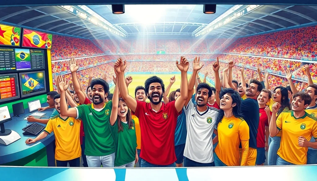 Engaged fans celebrating sports betting Brazil during an exciting event with vibrant atmosphere.