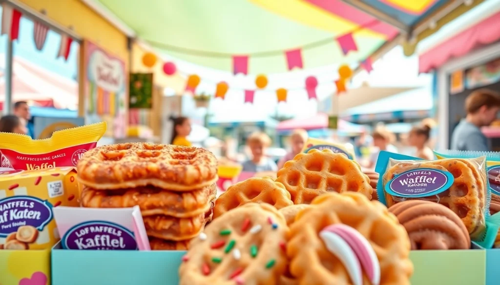 Wafel katoen uitgestald op een levendige markt, met kleurrijke verpakkingen en smaken.