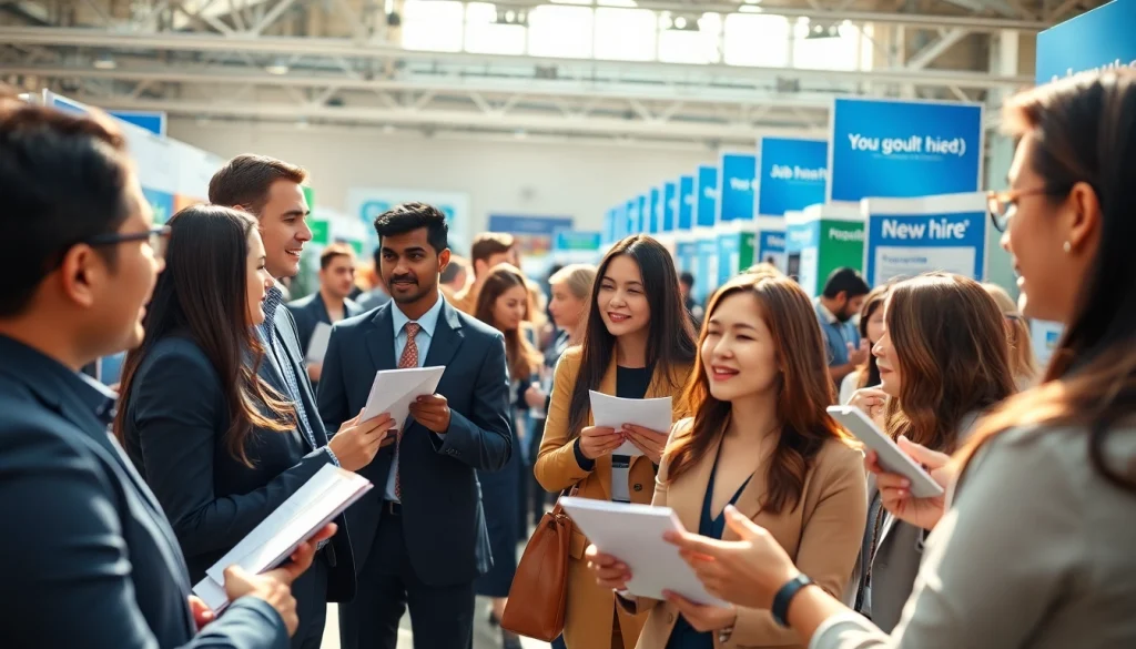 Engaging scene showcasing dynamic interactions for new hire jobs at a recruitment fair