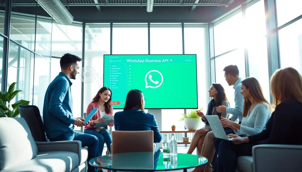 Showcasing WhatsApp Business API interface with a business team collaborating in an energetic office setup